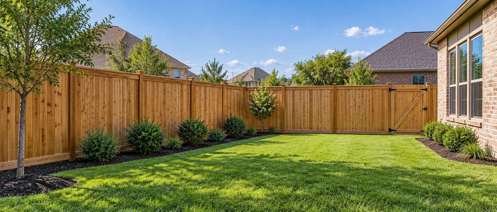 Illustration of a finished wood privacy fence with a gate along a landscaped backyard