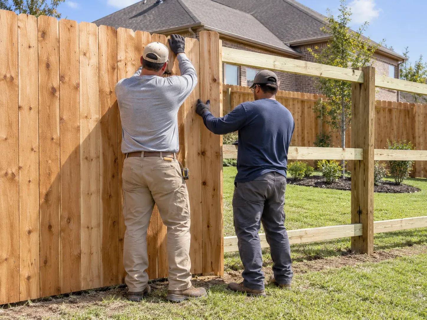 Illustration of two fence installers attaching boards to a new wood privacy fence