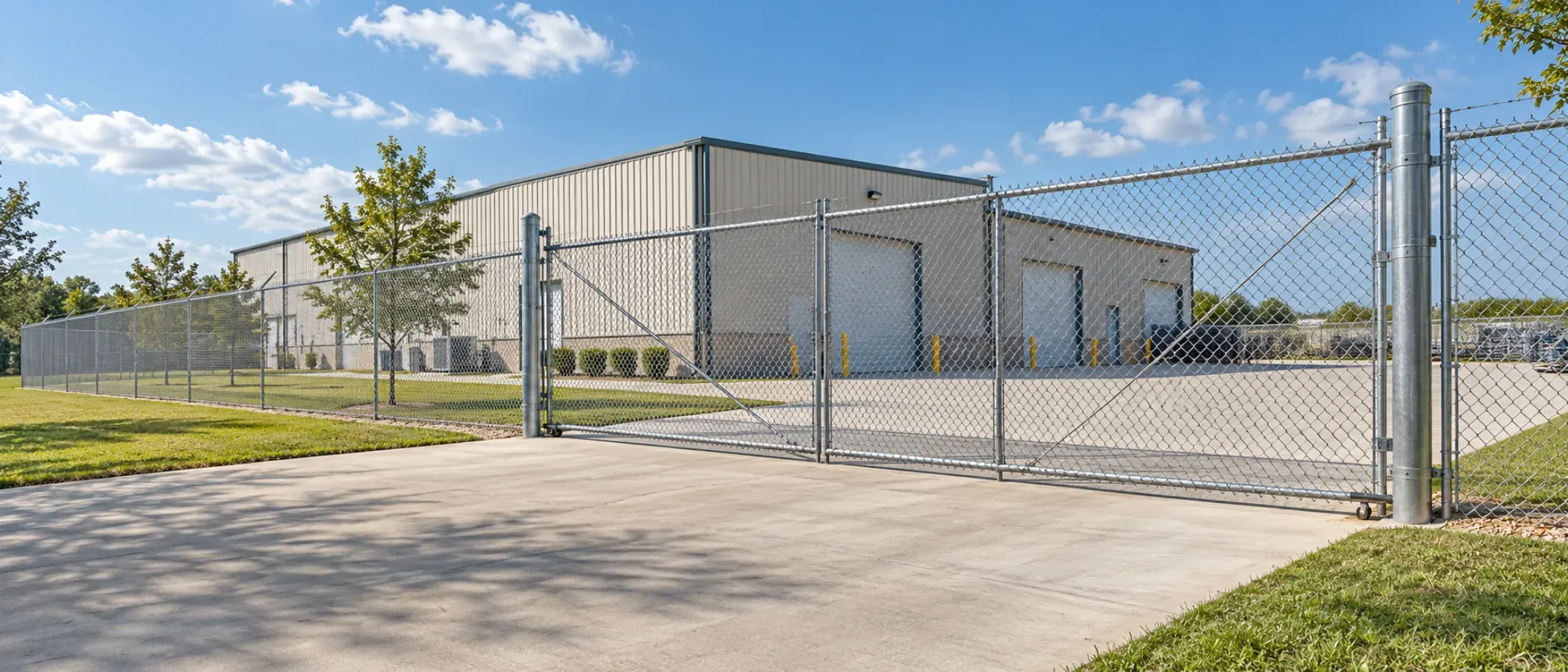 Illustration of a galvanized chain link fence and vehicle gate in front of a commercial building