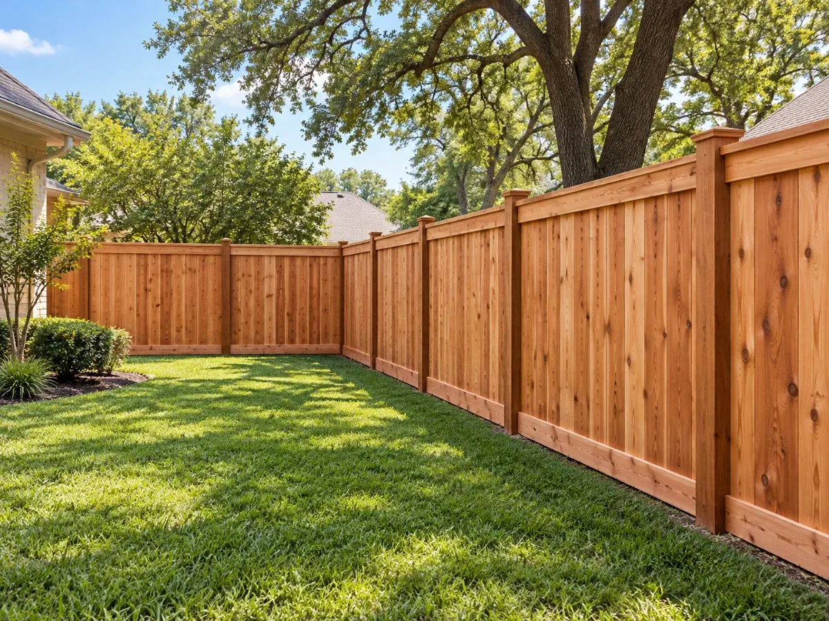 Illustration of a new cedar privacy fence running along a backyard