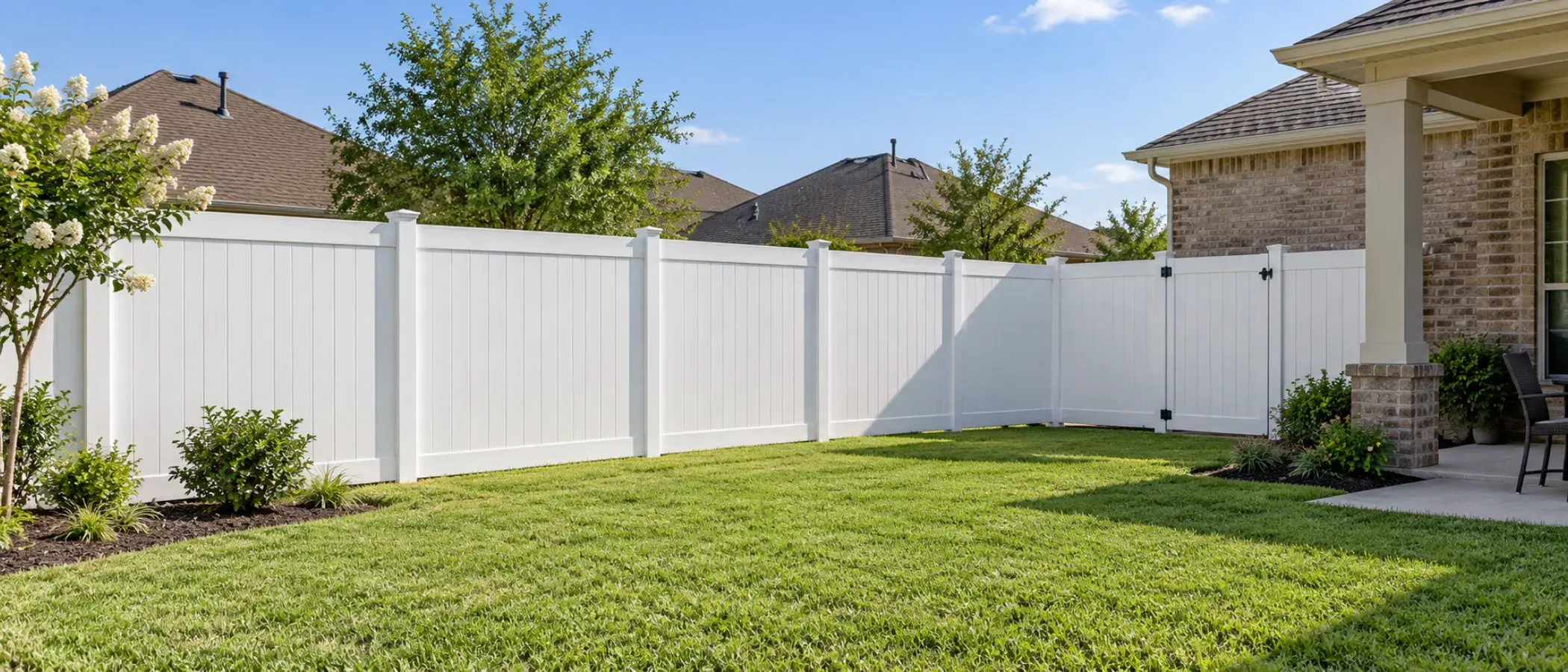 Illustration of a white vinyl privacy fence with a matching gate in a backyard