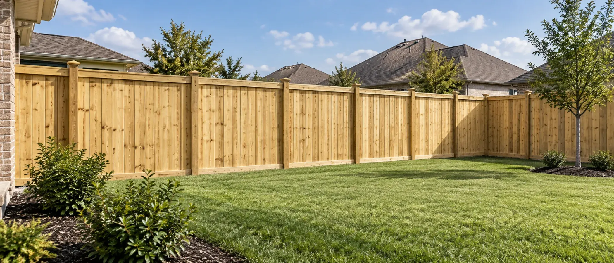 Illustration of a pine wood privacy fence enclosing a backyard lawn